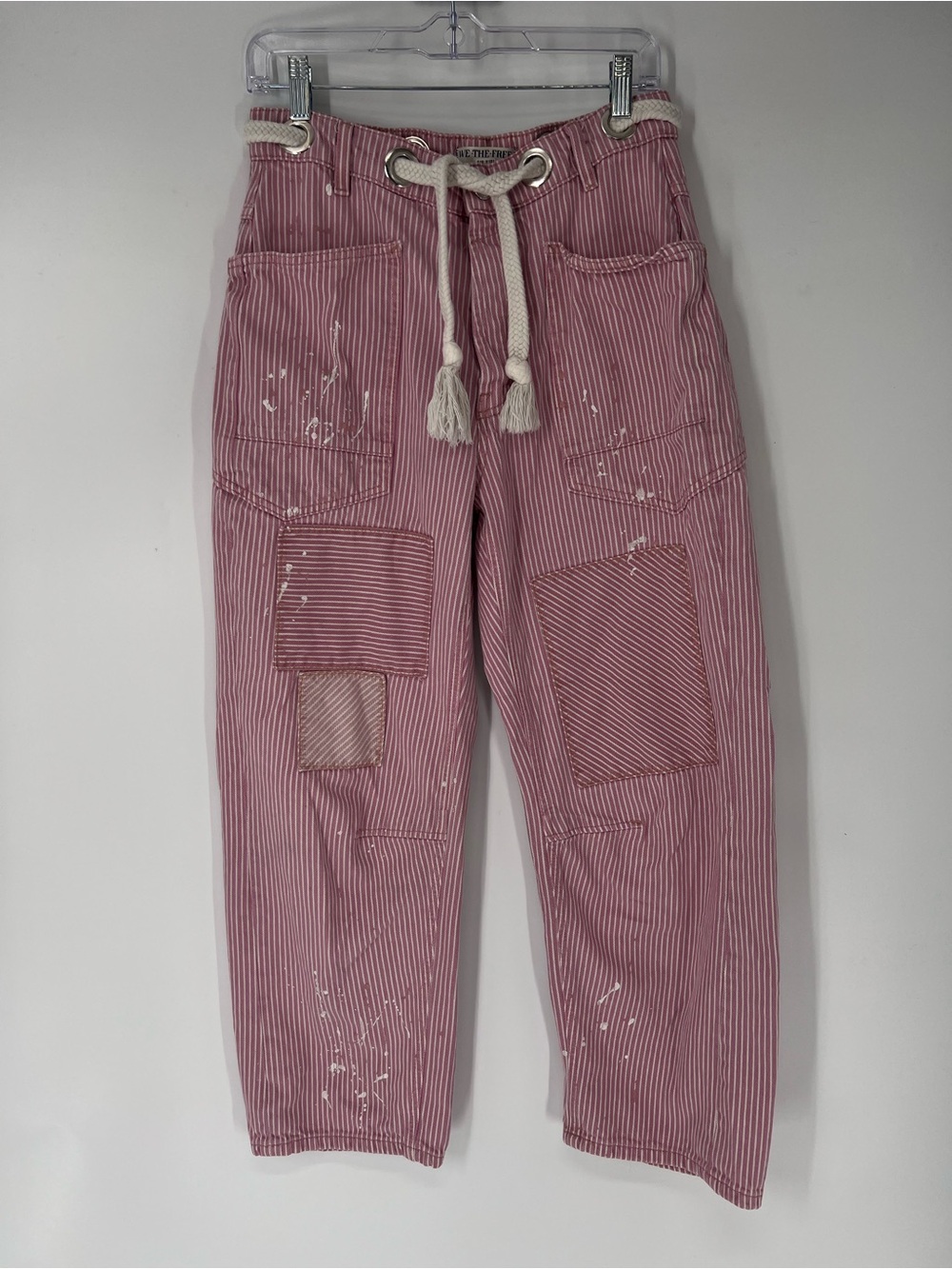 We The Free Pink Railroad Stripes Patchwork Slouchy Barrel Boho Moxie Jeans 27